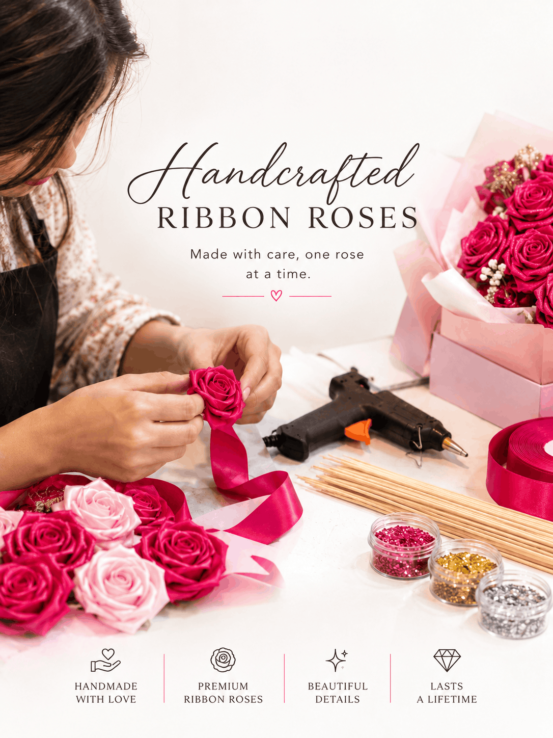 Two-Tone Handcrafted Ribbon Rose Bouquet