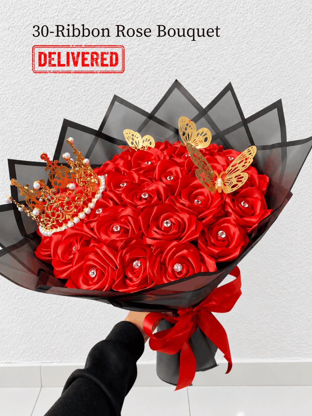 Crimson Velvet Handcrafted Ribbon Rose Bouquet