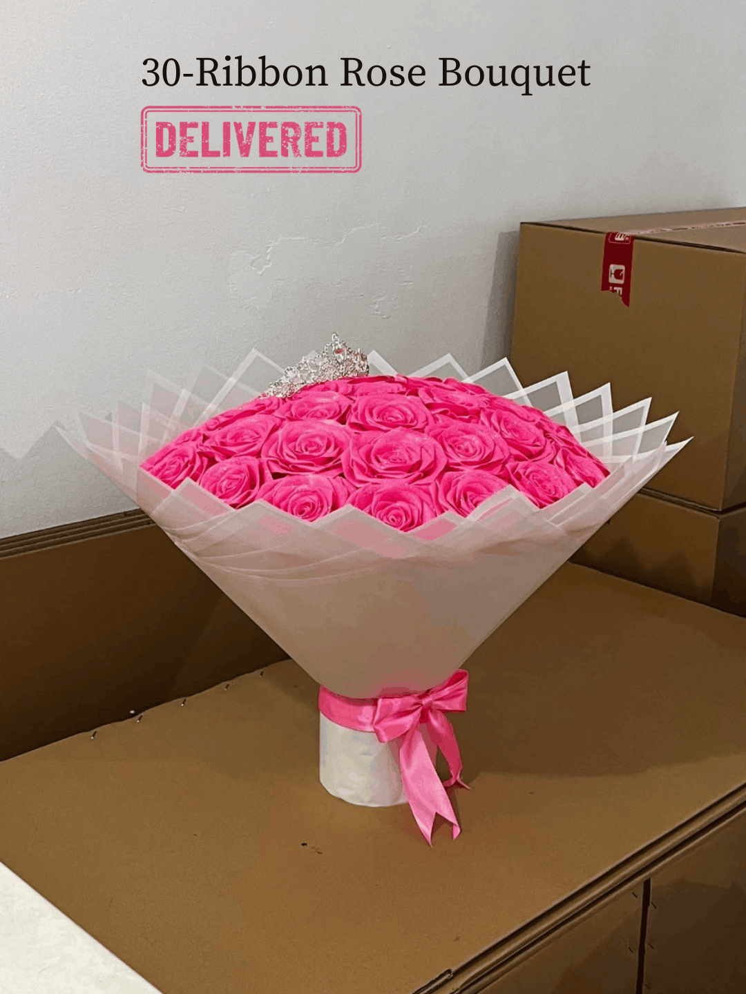 Pinkish Imperial Crown Handcrafted Ribbon Rose Bouquet