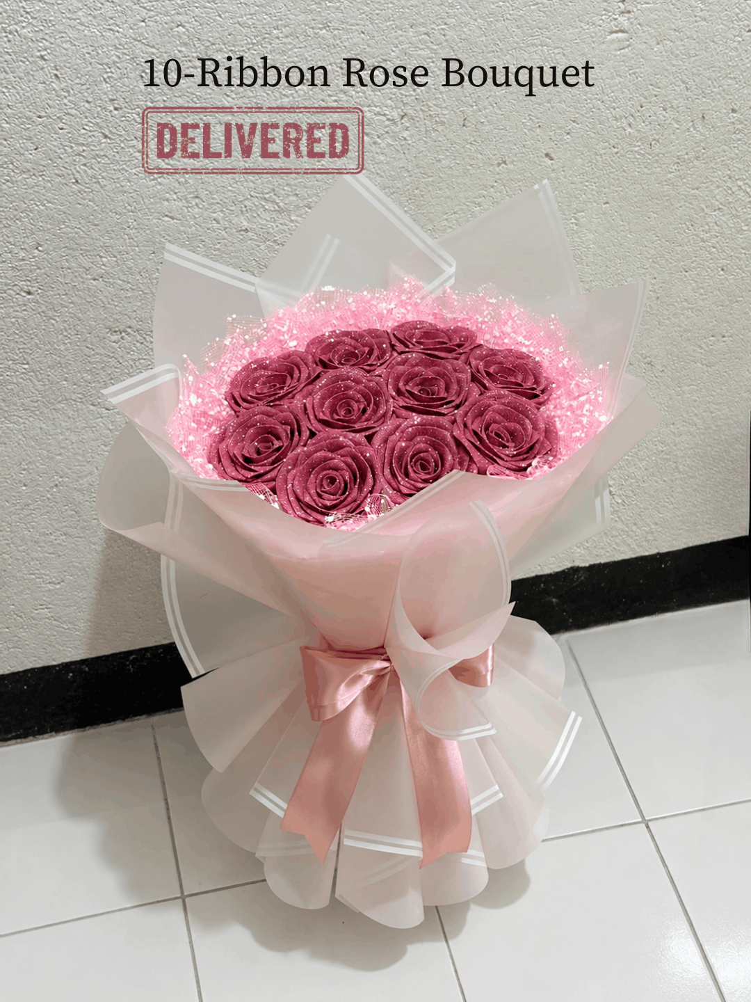 Blush Sparkle Handcrafted Ribbon Rose Bouquet